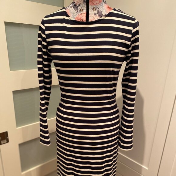 JCrew crew neck, long sleeved navy & white striped midi dress. Size 8. - Picture 1 of 3